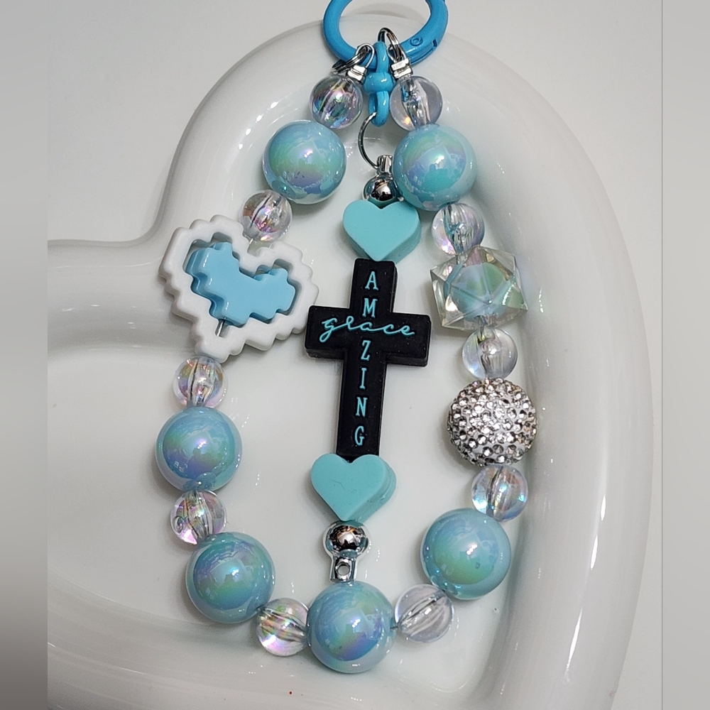 Amazing Grace Phone Chain Keychain Bag Clip Beaded Blue White Faith Religious